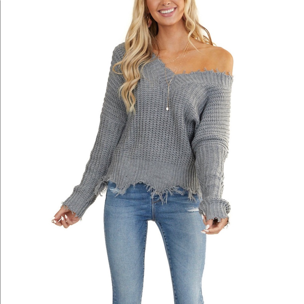 MAIN STRIP Stone Gray Distressed Sweater